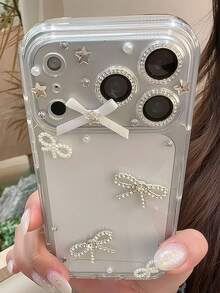 可爱透明手机壳，带珍珠蝴蝶结，Y2K风格，兼容 17 Pro Max 13 14 15 16 - 無色 - 查看 3