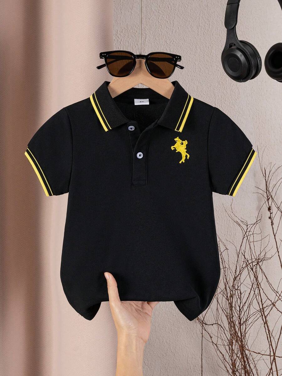 Boys' Contrast Trim Short Sleeve Polo Shirt - Black - View 1