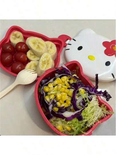 SANRIO KT猫卡通便当盒四件套，包含盖子、叉子和勺子，可重复使用，微波炉加热，塑料材质，便携式早餐容器，可装水果、布丁、酸奶、沙拉、谷物、牛奶、汤等，非常适合家庭厨房、学校、办公室、旅行和户外野餐。