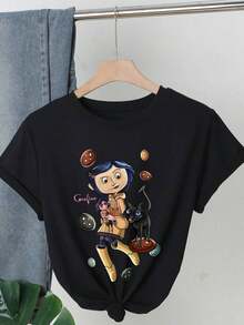 Camiseta de cuello redondo con estampado gráfico divertido de Halloween, camiseta de verano de ajuste holgado casual de manga corta, de tela de punto, color negro para mujer - Negro - Ver 1
