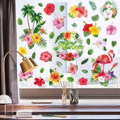 1 Set Of 9 Summer Theme Window Stickers, Includes Palm Tree, Flamingo, Flower Patterns, Removable Static Cling Glass Decals, Suitable For Bedroom, Living Room, Balcony And Display Window Decoration