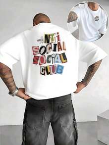 Graphic Tees Men, OMSTUDIO Double-Sided Colorful Anti Social Club Pattern, 180g Cotton Crew Neck Short Sleeve T-Shirt, Cropped Graphic, Street Wear, Oversized, Big And Tall, Free Shipping - 白色 - 查看 7