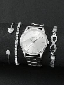 4件套女士时尚休闲罗马数字表盘优雅石英表+手链，不含表盒 - 銀色 - 查看 3