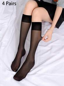 4双装女士透明尼龙袜，夏季薄款中筒JK袜，长/短/踝袜可选，INS风，韩版时尚，舒适保暖 - 黑色 - 查看 6