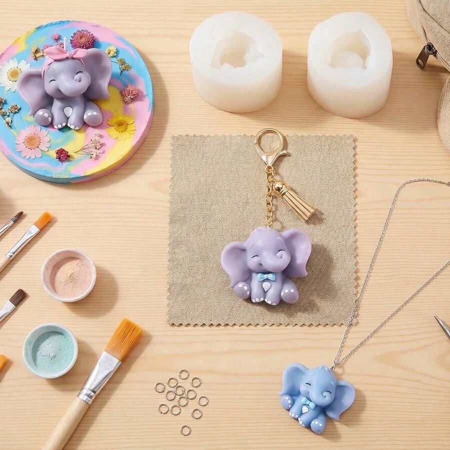 1个卡通3D大象造型树脂硅胶模具，大象造型钥匙扣树脂模具，用于制作珠宝和吊坠，是制作项链和手工艺品的理想礼品。 - 白色 - 查看 1