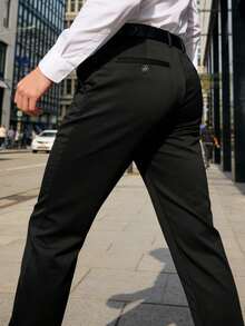男士夏季透气商务休闲直筒裤 - 配有腰带和纽扣，纯色设计，适合办公室、婚礼、会议等场合 - 可机洗，成熟修身，专业穿着 - 黑色 - 查看 5
