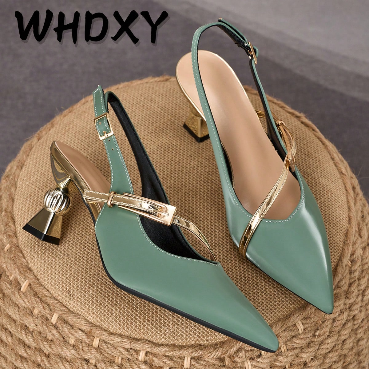 Sandalias de punta puntiaguda sin respaldo de color verde menta para mujeres, tacones altos asimétricos con hebilla metálica, elegantes bombas para