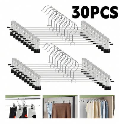 Ganchos Para Ropa 30 Piezas Perchas Para Pantalones Con Clip Negro, Antideslizantes con Clips Ajustables Que no Deja Marcas Perchas de Metal Resistente Pantalones con Gancho Giratorio Perchas para