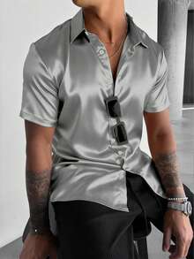 WAIT HIM Men's Satin Short Sleeve Formal Shirt - Silver - View 2