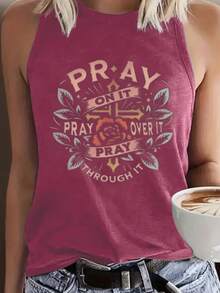 Leisure "Pray, Pray, Pray" Christian Faith Inspirational Graphic Print Tank Top - Women's Casual Teal Sleeveless Tank Top, Soft, Breathable Loose Fit Summer T-Shirt - Perfect For Easter, Church Events, Thanksgiving Christian Gifts Pure Cotton 2026 - 黑色 - 查看 4