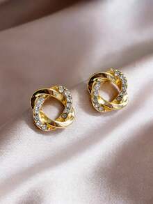 1对时尚简约小水钻耳环，百搭精致耳环，适合日常佩戴 - 金色 - 查看 1