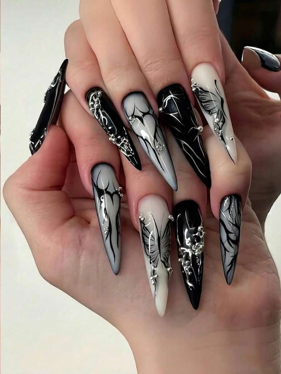 24 Pcs Long European And American Retro Silver 3D Waterdrop Pattern Black Butterfly Handmade Wearable Nails Suitable For Travel Parties Daily Outings Festivals Versatile Pointed Nails + 1 Jelly Gel + 1 Nail File - Black - View 1