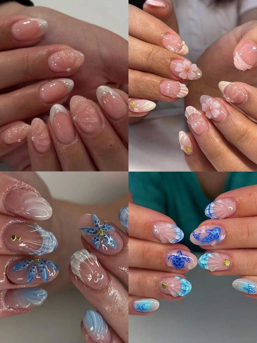 96 miếng (4 kiểu phối hợp) Miếng dán móng tay gel 3D hình oval ngắn - Thiết kế đại dương & hoa lá, bao gồm hình rùa biển, cá voi, hoa, vỏ sò & ngọc trai, kiểu móng Pháp, độ dài ngắn vừa vặn hoàn hảo, bộ dụng cụ làm móng acrylic gồm 1 gel dẻo và 1 dũa móng, thích hợp cho phụ nữ sử dụng hàng ngày, đi làm, dự tiệc mùa hè. - Nhiều màu - Xem 1