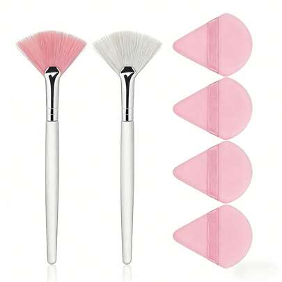 2 Pcs Fan Brushes For Facial+4pcs Powder Puff , Face Mask Applicator Soft Makeup Brushes Esthetician, Flat Head Mask Acid Applicator Esthetician Brush For Women Girls Mud Clay Mask Makeup Peel(Pink And White)