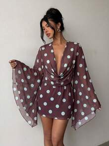 Polka Dot Print Bohemian Style Loose Drape Neck Mini Dress, Flare Sleeve Chiffon Shirt Dress, Summer Vacation Beach Party Casual Outfits, Spring & Summer Minimalist - Purple - View 3