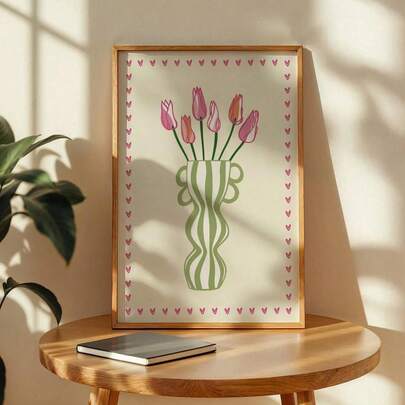1pc Frameless Tulip Vase Art Print, Bold Colorful Wall Art With Stripe Vase Design, Modern Floral Poster For Living Room Bedroom Dorm, Vibrant Home Decor Gift, Funkyposters Room Decor Bedroom