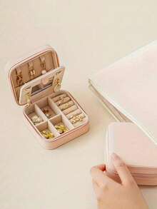 1pc Travel Jewelry Box, Suitable As Gift For Women, Small Jewelry Storage Box With Mirror, Can Hold Necklaces And Earrings, Pink Travel Essential, Suitable For Vacation, Beach, Bathroom, Bedroom, Large Capacity - Multicolor - View 7