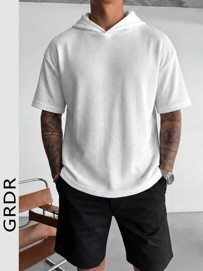  GRDR Hooded Short Sleeve Waffle Knit Summer Casual Commuter Solid Color Top For Men
