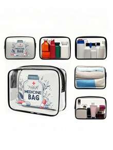 Large Capacity PVC Travel Storage Bag With Zipper Closure, 3 Sizes Available, Printed With "Medicine Bag" Pattern, Suitable For Cosmetics Storage, Lightweight And Fade-Resistant, Large Capacity Chain-Style Travel Toiletry Bag, Travel Makeup Bag, Skincare Storage Bag, Desktop Organizer Bag, Easy To Clean Design, Suitable For Travel, Bathroom, Dorm Use, Practical Storage Tool, Valentine's Day Gift - Multicolor - View 6
