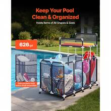 Pool Storage Bin, 64.96 X 33.46 X 64.96 In, Rolling Pool Float Storage Organizer With Side Pockets & Noodles Holder Rack, Durable Plastic Frame, Poolside Toys Mesh Basket For Swimming Pools - Plastic Stand 65*33*65 Inches - View 2