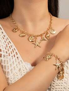 一套两件波西米亚风沙滩度假合金海星贝壳美人鱼流苏可调节手链和项链首饰套装，适合度假和日常佩戴 - 彩色 - 查看 8