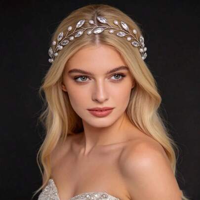 1件手工水晶仿珍珠新娘头饰，长发配饰，适合婚礼、派对、宴会、夏季、海滩等场合