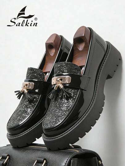 Salkin New Fashionable Designer Men's Slip-On Loafers With Tassels, Elegant Gentleman's Social Shoes, Glossy Patent Leather, Soft & Comfortable, Suitable For Casual, Business, Party, Wedding, Graduation, Gifts, Spring/Summer/Autumn. Size Runs Small, Please Order One Size Up.