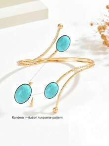 1pc Fashionable Personalized Double-Head Micro-Inlaid Blue Faux Turquoise Decor Open Adjustable Metal Cuff Bracelet Suitable For Music Festivals, Dances, Parties - Gold - View 6
