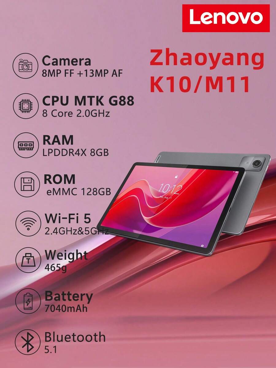Máy tính bảng Lenovo Tab M11 TB330FU IPS 10.95 inch 8GB+128GB Android 13, Lenovo Zhaoyang K10 Tablet, Pin 7700mAh, Độ phân giải 1920*1200, 90fps, Độ sáng 400 Nits, Bộ xử lý MediaTek Helio G88, Hỗ trợ WiFi 5 802.11ac (2.4GHz & 5GHz), Bluetooth 5.1, Camera kép 8MP + 13MP, Hỗ trợ mở rộng thẻ SD 1TB, Không bao gồm bộ sạc.