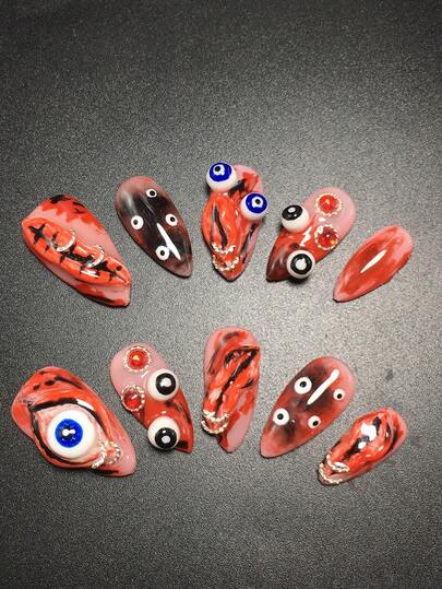 10片装2.5厘米手工杏仁形美甲套装，搭配眼睛、伤口、水钻和夸张装饰，适合女性和女孩，可用于情人节、派对、节日和日常佩戴。美甲配件，亚克力美甲套装，包含套装、手工压制美甲贴片、假指甲贴纸和美甲用品。