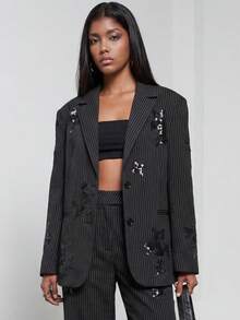 女士春夏职业竖条纹亮片刺绣西装外套，独特设计西装夹克 - 黑色 - 查看 6
