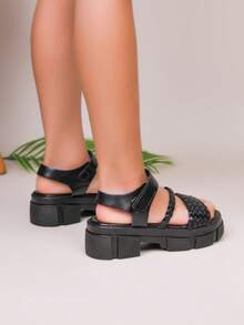 1 Pair Girls' Black Woven Design Thick-Sole Retro Roman Sandals, Quality PU Material, Hook And Loop Closure, Bohemian Style Suitable For Summer Outdoor, (Select Size Based On Foot Length Chart) - Black - View 7