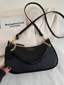 This Fashionable, Classic And Versatile Letter Graphic Design Solid Color PU Waterproof Material Crescent-Shaped Shoulder/Underarm Bag Is Suitable For Shopping And Can Be Worn Crossbody. - 黑色 - 查看 5