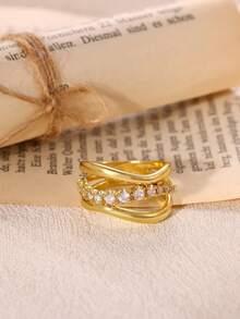 1 Stück Luxus Kubikzirkonia Wellen Ring für Frauen in Goldfarbe, geometrischer Ring, modischer Partyschmuck, Muttertags Geschenk - Gold - Übersicht 6