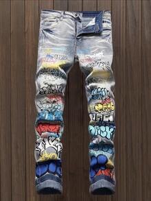 Graffiti Street Art Style, Colorful Mixed Print Design, Mid-Rise Slim Fit Straight Leg, Machine Washable For All Seasons, Classic Five-Pocket Style, Essential Men'S  Ripped Jeans Pants For Hip Hop Y2K Party Outfits, Hip Hop Y2K Clothing - 藍色 - 查看 10