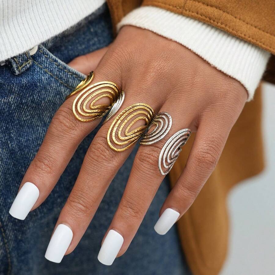 3pcs/Set 18K Gold Plated 304 Stainless Steel Dual-Tone Spiral Oval Ring Set, Textured Gold & Silver Open Rings, Fashionable Geometric Stackable Rings, Women Daily Wear & Party Gift - Multicolor - View 1