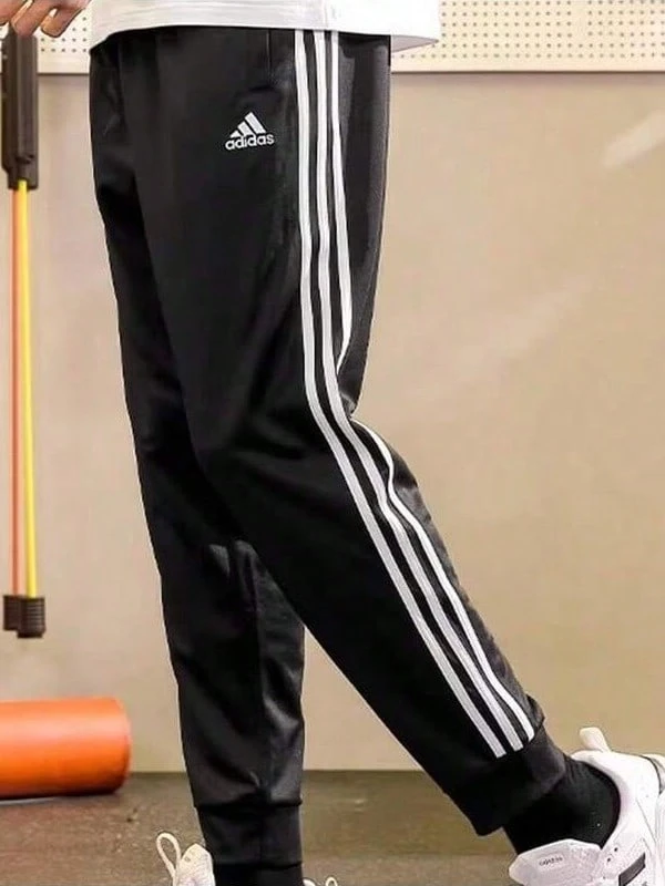 Adidas 阿迪达斯男士三条纹针织运动裤，户外修身运动休闲裤，经典休闲日常裤装 - 黑色 - 查看 1