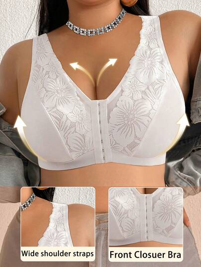 Plus Size Women Lace Front Closure Seamless Bra, Suitable For Daily Wear In Various Occasions