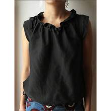 Casual Sleeveless Summer Top With Tie Neck In Solid Color Cotton And Linen - Dark Blue - View 4