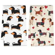 2pcs Dachshund Print Kitchen Towels, 100% Polyester Kitchen Cleaning Cloths, Suitable For Restaurant, Kitchen And Home Decor; Quick-Drying, Lightweight, Fade-Resistant, Low-Shedding, Anti-Mildew, High Color Fastness, Size 40*60cm - White - View 13