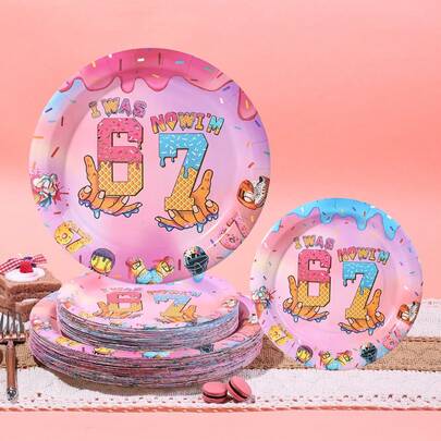 10pcs/20pcs//50pcs,6/7 Year Old Ice Cream Dripping Theme Birthday Party Supplies Set,Disposable 7inch And 9inch Paper Plates, 6 7 Six Seven Themed Tableware For Birthday Party Decorations,"I Was 6 Now I'm 7" 9'' Paper Plates Set - Donut Gradient Number & Game Character Design Plates For 7th Birthday Party, Gaming Themed Tableware