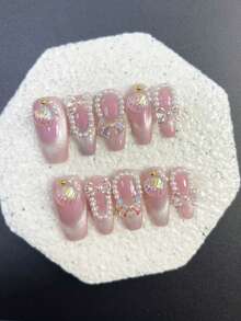 10pcs Exquisite Nail Art Thick Shell Cat Eye Pearl Butterfly Decorated False Nails, Gift Set For Women (1pc Jelly Sticker + 1pc Nail File) Handmade Press On Nails - Pink - View 11