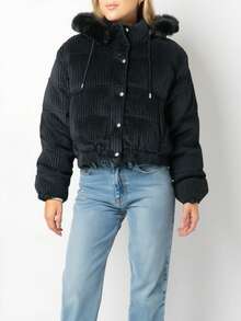 Women's Winter Puffer Jacket, Velvet, Corduroy - màu đen - Xem 1
