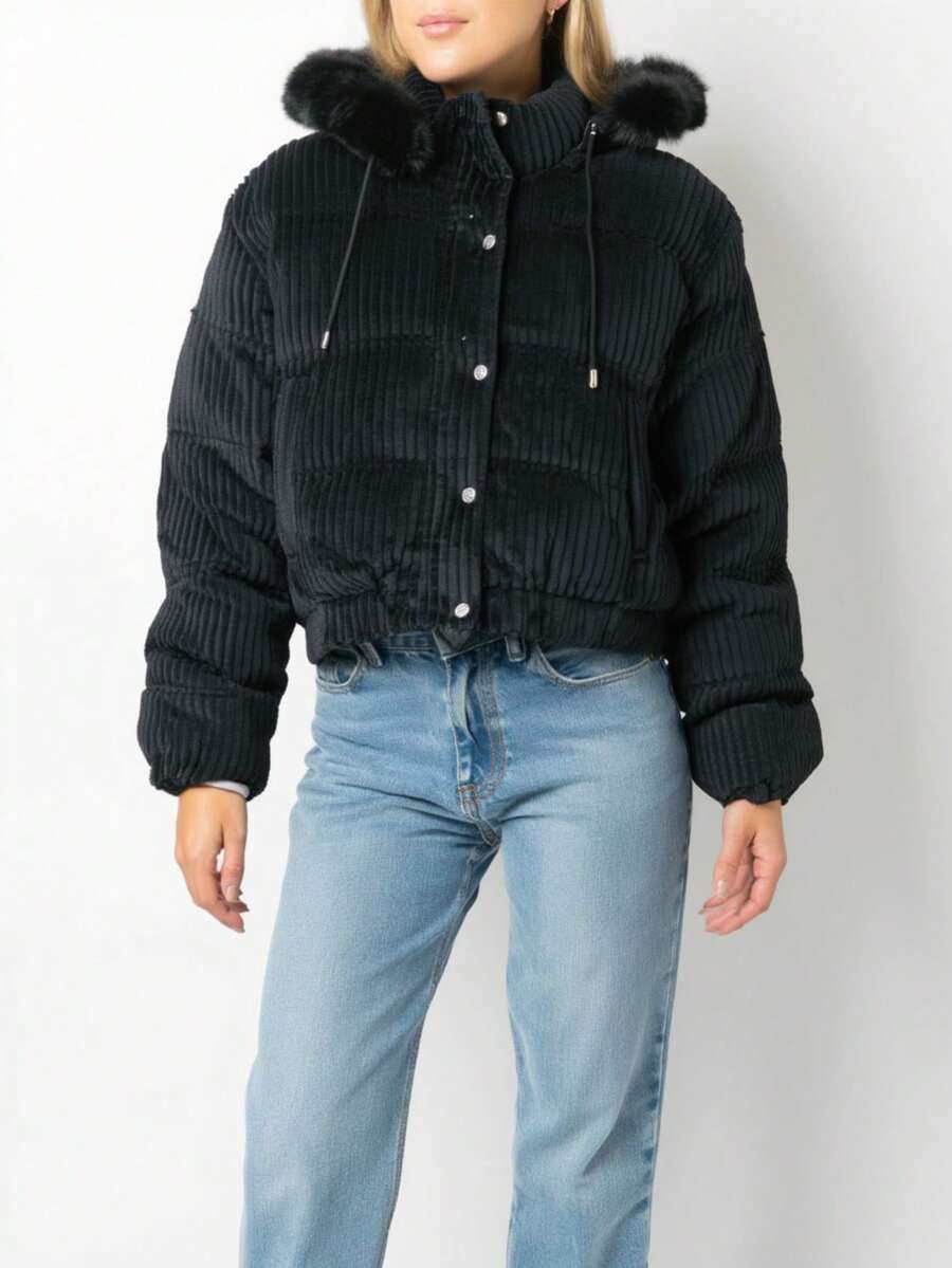 Women's Winter Puffer Jacket, Velvet, Corduroy - màu đen - Xem 1