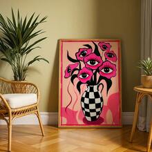 2D Wall Art Decor, Featuring Retro Poster Design With Surreal Pink Eyes And Floral Patterns; Another Piece Is A Minimalist Pink Checkered Vase Canvas Painting, Suitable For Bedroom And Living Room Decoration - G - View 6