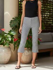 Women's High Waist Flared Capri Pants, Printed  Solid Cropped Trousers For Work Commute  Weekend Strolls - Ash - View 2