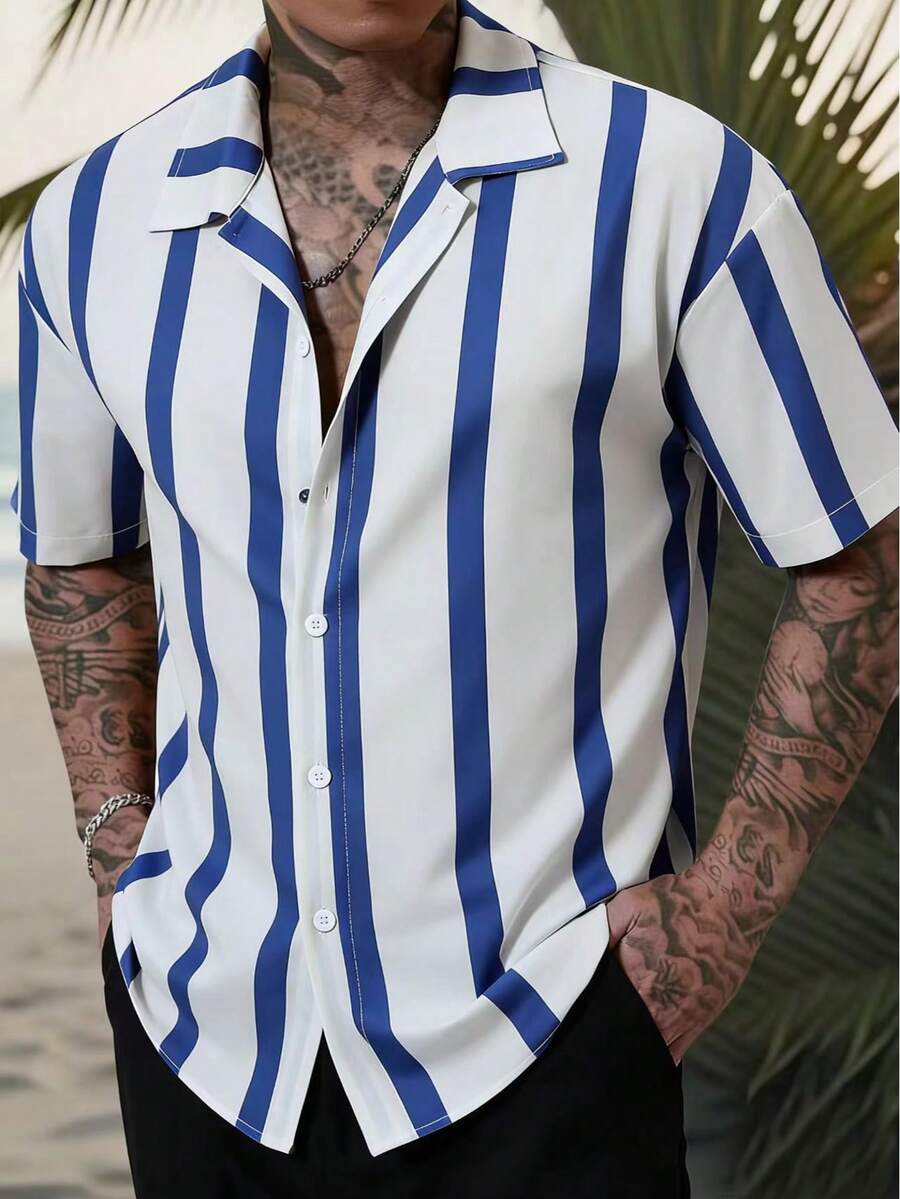 Casual Men's Striped Short Sleeve Shirt, Blue & White, Summer Holiday - Blue and White - View 1