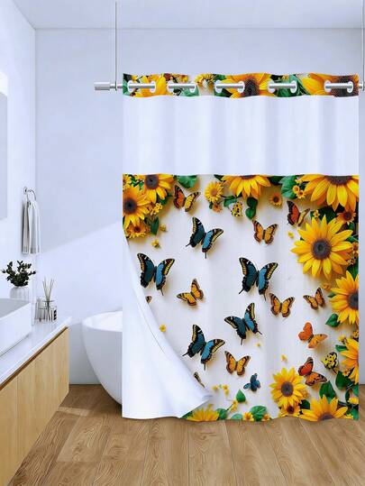 1/3pcs Nature Lover Summer Floral Double-Layer Shower Curtain Set, 72in*72in - Sunflower, Butterfly Print, Waterproof & Durable, Bathroom Decor Accessories, Hookless Curtain With Snap-In Liner, Polyester Fabric - Machine Washable, Easy To Disassemble And Carry, Semi-Transparent Top For Good Light Permeability. Suitable For Holiday Decoration, Home/Bedroom/Residential/Western Style, Spring Decor.