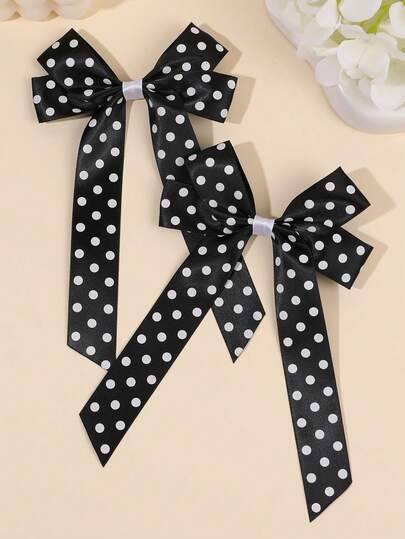 2pcs Black Satin Hair Bows For Girls Polka Dot Decor Hair Clips Delicate Alligator Clips Elegant Simple Barrettes Daily Party Wedding Vacation Festival Hairpins Teens Hair Accessories