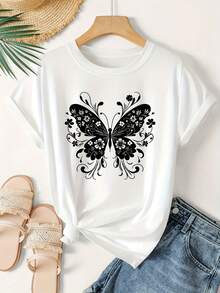 Womens Gothic Style Animal Print Short Sleeve Mysterious Black Butterfly Print Casual Cute Summer T-Shirt Fashionable El - trắng - Xem 1